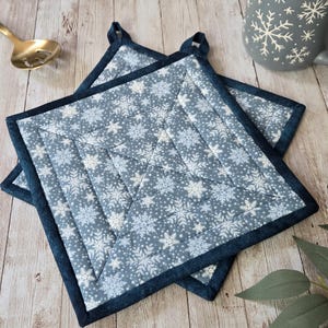 Handmade Blue Snowflake Potholders - Set of 2 Quilted Winter Snowflake Hot Mats