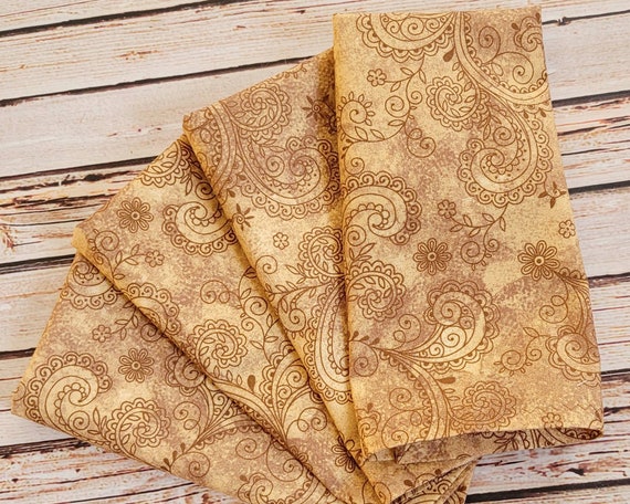 12 Beige Brown and Gold Fabric Napkins Paisley and Floral Table Linens Set  of 4 