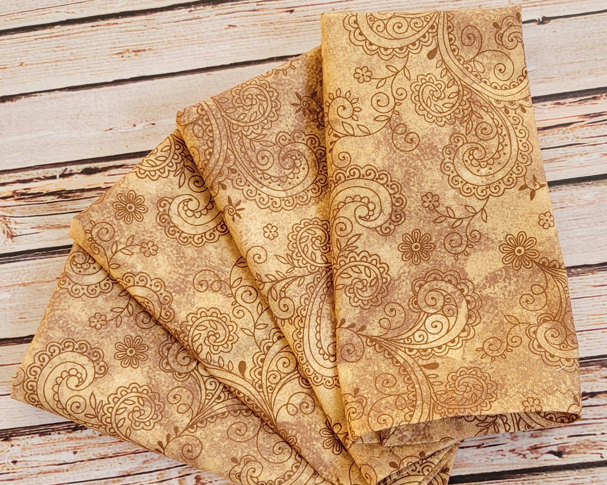 12 Beige Brown and Gold Fabric Napkins Paisley and Floral Table Linens Set  of 4 