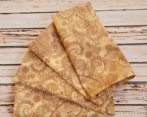 12 Beige Brown and Gold Fabric Napkins Paisley and Floral Table Linens Set  of 4 