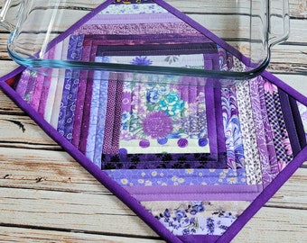 Shades of Purple Patchwork Hot Mat - Insulated  Fabric Trivet - Quilted Fabric Hot Pad 9" x 13"
