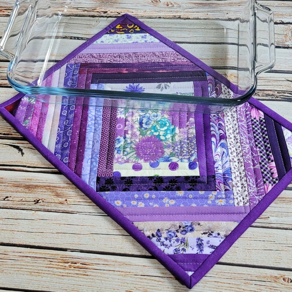 Shades of Purple Patchwork Hot Mat - Insulated  Fabric Trivet - Quilted Fabric Hot Pad 9" x 13"