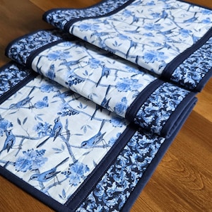 Handmade Quilted Bird and Floral Table Runner -  Pieced Navy and White Table Topper - 41.5&quot; x 13.5&quot; Modern Table Quilt