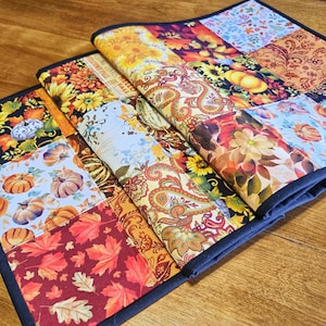 Handmade Quilted Autumn Table Runner, Patchwork Table Topper, (14" x 41")
