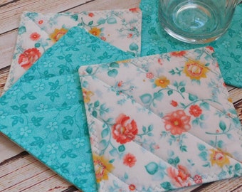 Cotton Floral Coaster Set - Set of 4 - 5" Cup Coasters Reusable Washable