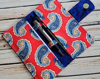 Fabric Checkbook Holder - Red and Blue Paisley Cash Wallet
