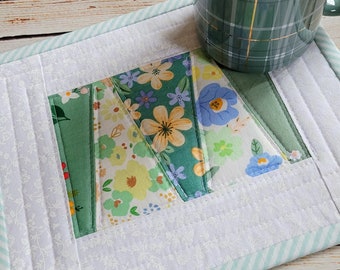 Soft Greens and White  Mug Rug - Patchwork Quilted Snack Mat - 7-1/2" x 9-1/2"