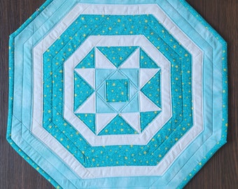Lily Star Quilted Table Topper - Aqua and White Octagon Centerpiece 21" x 21"