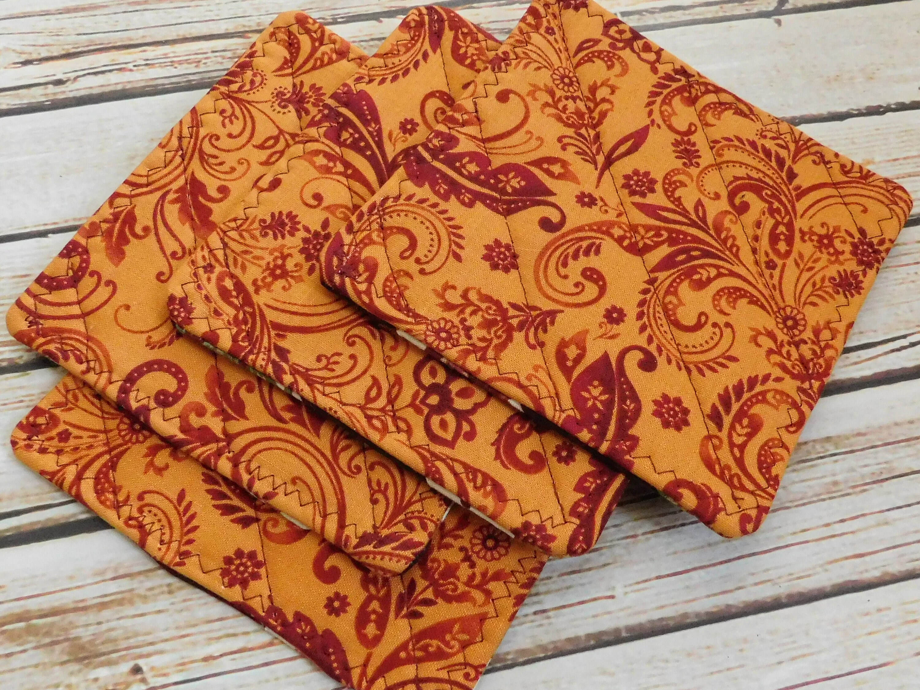Quilted Fabric Coasters Burgundy and Gold Patchwork Coasters Etsy