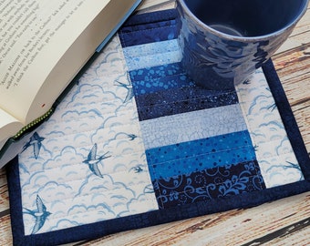 Blue and White Scrappy Sparrow  Mug Rug - Bird Patchwork Quilted Snack Mat - 7-1/2" x 9-1/2"