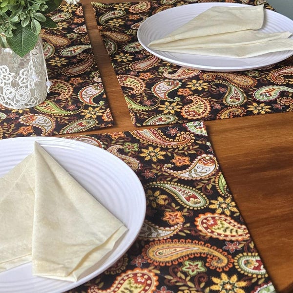 Handmade Reversible Fall Placemats - Paisley and Fall Sentiments Table Mats, Set of 4