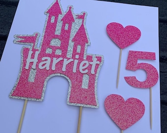 Personalisierte Prinzessin Schloss -Glitzer Cake Topper mit zusätzlichen AGE & HEARTS Topper - Prinzessinnen-Thema
