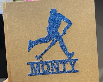 Personalized Hockey Birthday Card: Glitter Royal Blue Design