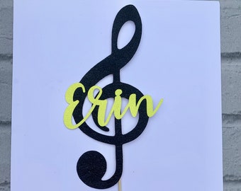 Personalized Black Glitter Treble Clef Cake Topper