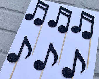 Musical Notes Cake Toppers- set of 6 in Black Glitter - Party - Birthday - Musical Celebration - Garden Party - Orchestra