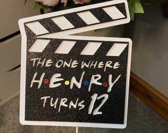 Personalised Clapperboard- Style -Glitter Cake Topper- Any Name / Age - TV show