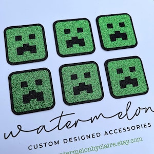 Gaming Style Pixel Face Cupcake Toppers Set of 6 in Green, Pink or Silver Glitter - Pixel Font - Birthday cake