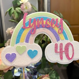 Pastel Rainbow Cake Topper with hearts - Personalised with name and age - Birthday
