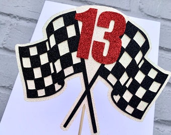 Racing Flags Cake Topper ANY AGE / NUMBER - Birthday - Racing - Chequered Flag - Glitter Card