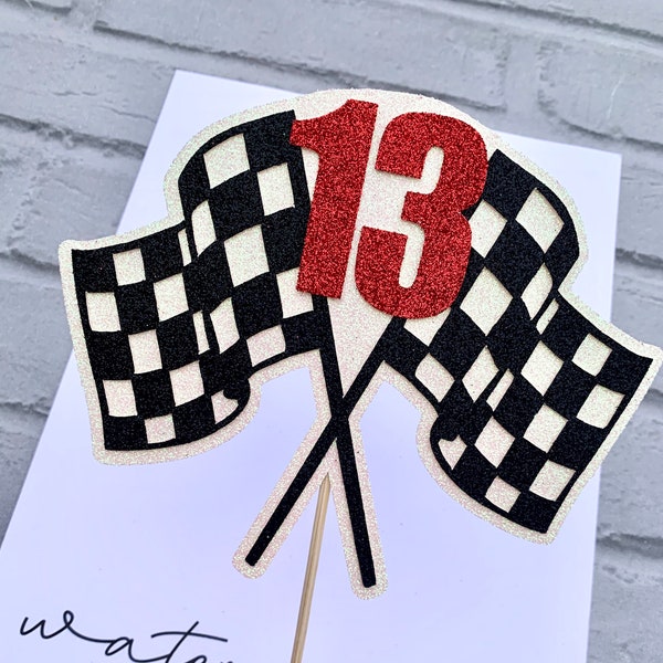 Racing Flags Cake Topper ANY AGE / NUMBER - Birthday - Racing - Chequered Flag - Glitter Card