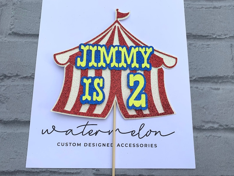 Circus Tent Cake Topper Glitter Card Personalised Any Name / Age Circus Theme image 1