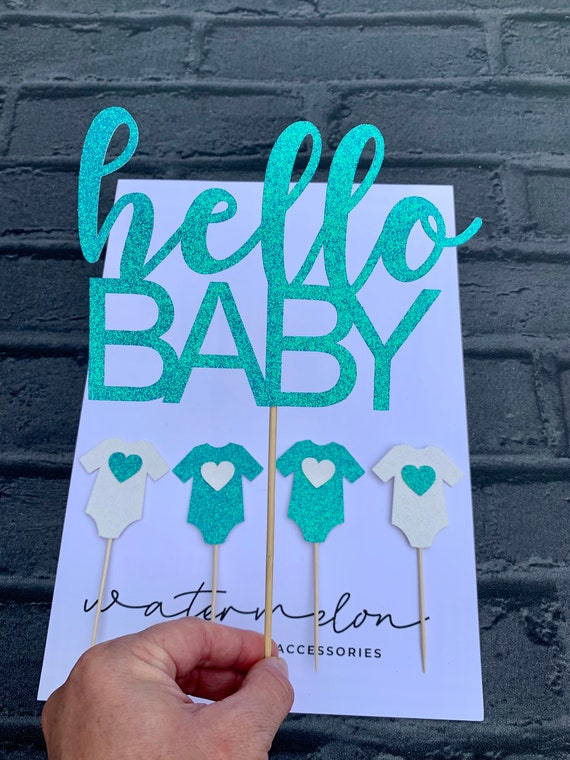 Hello Baby Glitter Cake Topper in choice of colours with matching Baby Vests