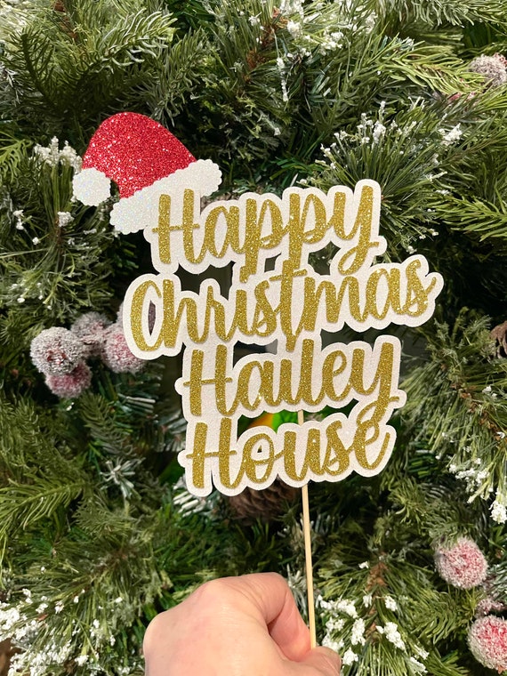 Personalised Christmas Cake Decoration - Happy Christmas - Family Name - House - with Santa hat - Christmas gift