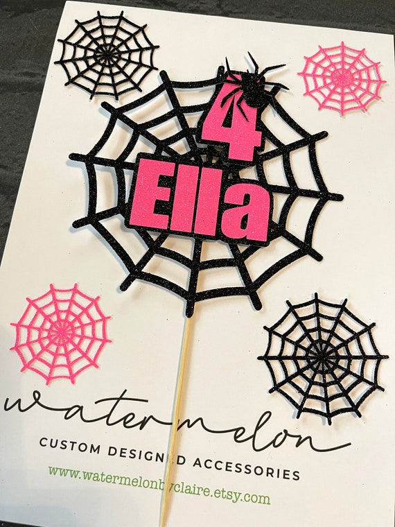 Spiders web Cake Topper Set -  Personalised - in Black & Pink,  any name / age with mini webs