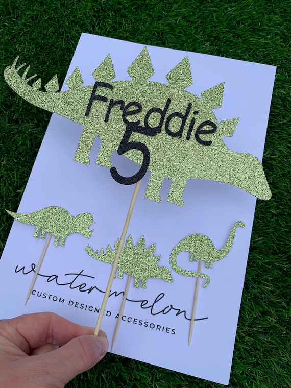 Dinosaur Glitter Cake Topper Personalised in Light Green, ANY NAME/AGE with Mini Dinosaurs
