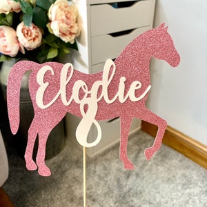 Personalised Horse Glitter Cake Topper ANY NAME in PINK with white text - Birthday