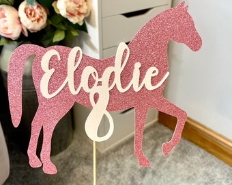 Personalised Horse Glitter Cake Topper ANY NAME in PINK with white text - Birthday