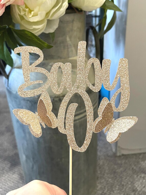 Baby Shower New Baby Personalised Glitter Single layer Cake Topper with 3d butterflies