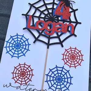 Spiders web Cake Topper Set -  Personalised - in Blue, Black & Red,  any name / age with mini webs