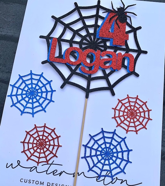 Spiders web Cake Topper Set -  Personalised - in Blue, Black & Red,  any name / age with mini webs