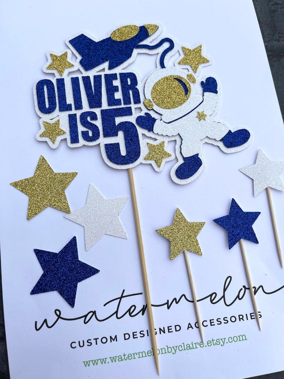 Space Theme Astronaut Cake Topper Set -  Personalised with mini stars