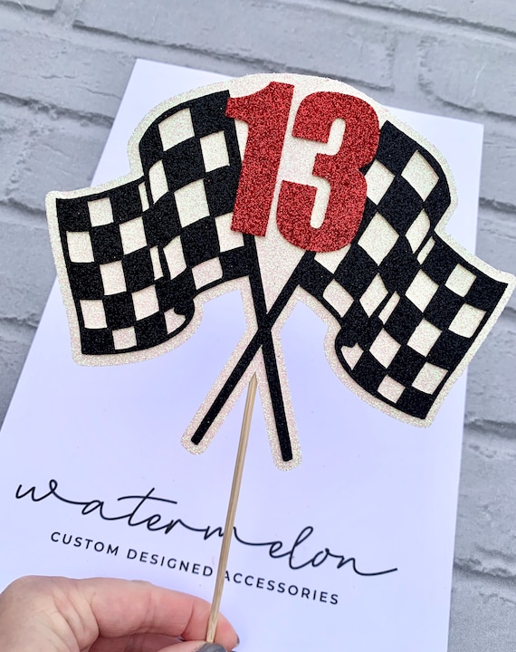 Racing Flags Cake Topper ANY AGE / NUMBER - Birthday - Racing - Chequered Flag - Glitter Card