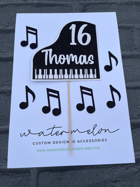 Piano themed Personalised Birthday Glitter Cake Topper with mini musical notes - Pianist