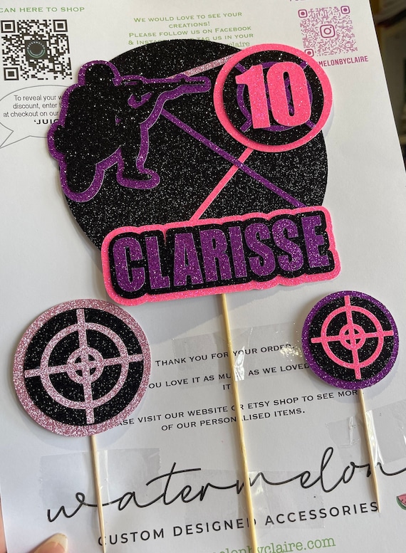 Laser Tag Game Themed Birthday Cake Topper Personalised- PINK Theme
