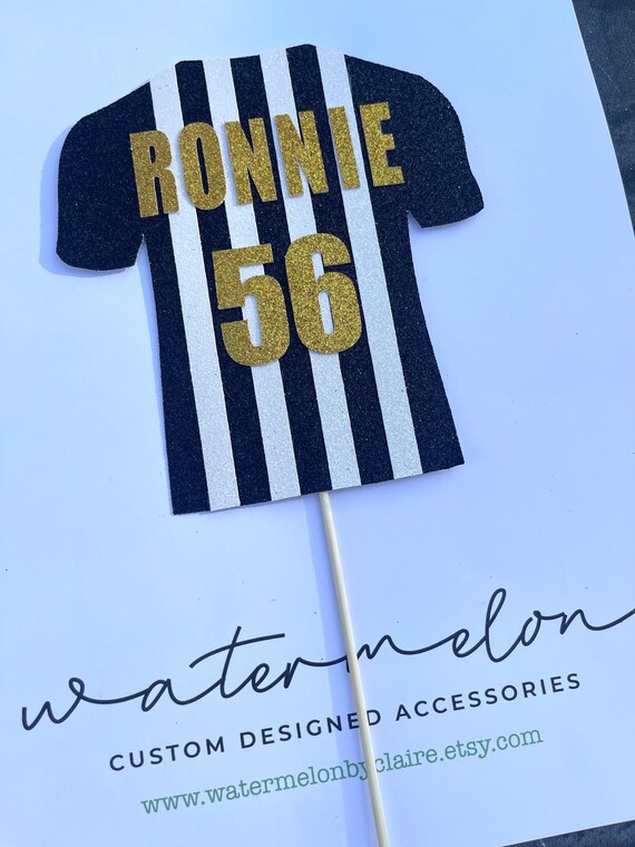 Striped Football Shirt Cake Topper - Personalised- Black and White-  ANY NAME / AGE - Birthday - Gold Text