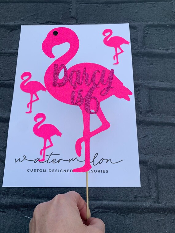 Flamingo Cake Topper-  Personalised - in Pink  ANY NAME with 3 x mini flamingo toppers.