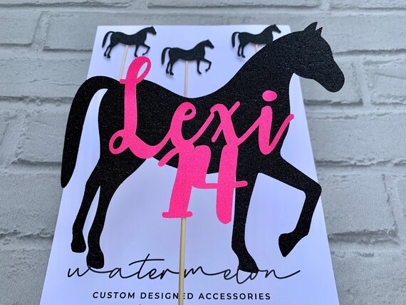 Horse Cake Topper in Black with pink or white text,  Personalised ANY NAME with MINI Horses