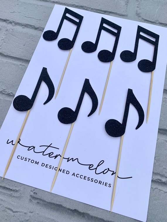 Musical Notes Cake Toppers- set of 6 in Black Glitter - Party - Birthday - Musical Celebration - Garden Party - Orchestra