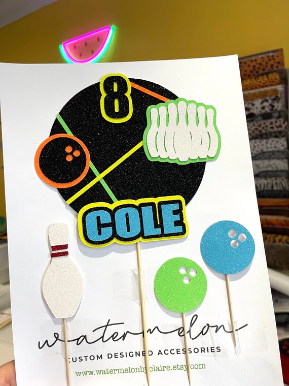 Bowling Themed Birthday Cake Topper Personalised - Ten Pin Bowling - Neon
