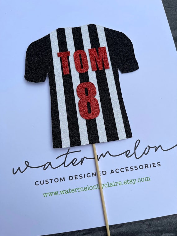 Striped Football Shirt Cake Topper - Personalised- Black and white-  ANY NAME / AGE - Birthday - Newcastle colours - Red text