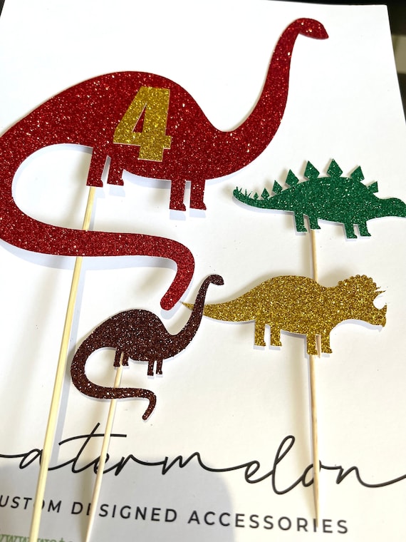 Dinosaur Glitter Cake Topper Personalised ANY NAME/AGE with Mini Dinosaurs