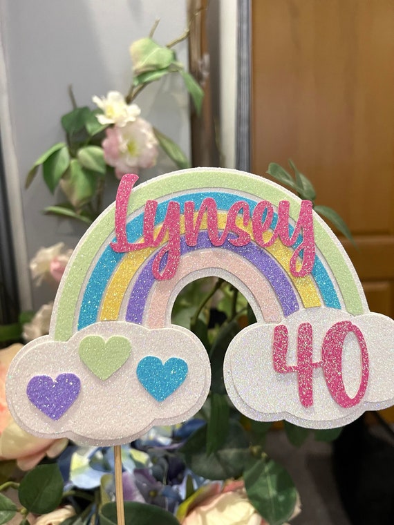 Pastel Rainbow Cake Topper with hearts - Personalised with name and age - Birthday