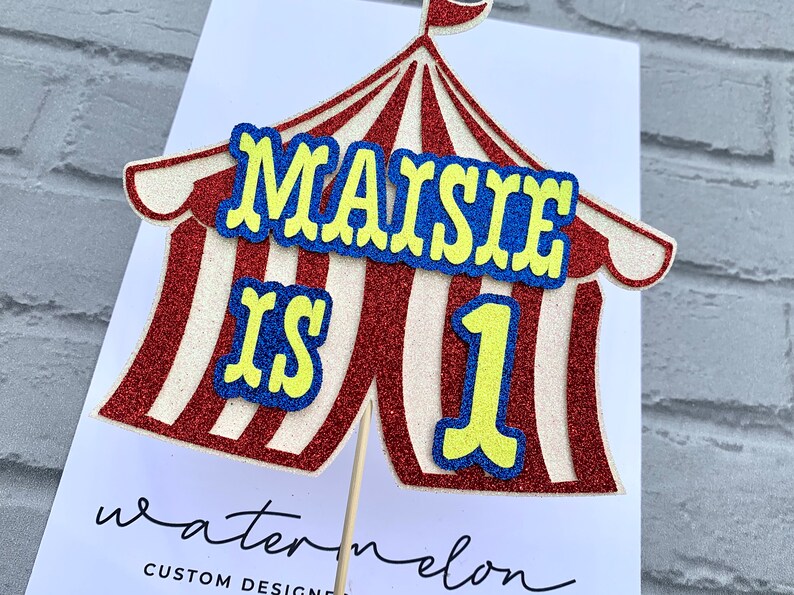 Circus Tent Cake Topper Glitter Card Personalised Any Name / Age Circus Theme image 5