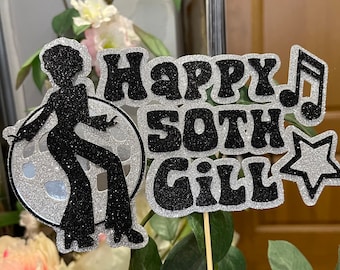 Disco Dancer Glitter Cake Topper Personalised ANY NAME/AGE - Disco Theme - Birthday- Disco Ball