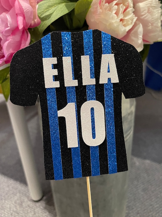 Striped Football Shirt Cake Topper - Personalised- Black and Blue-  ANY NAME / AGE - Birthday - White text