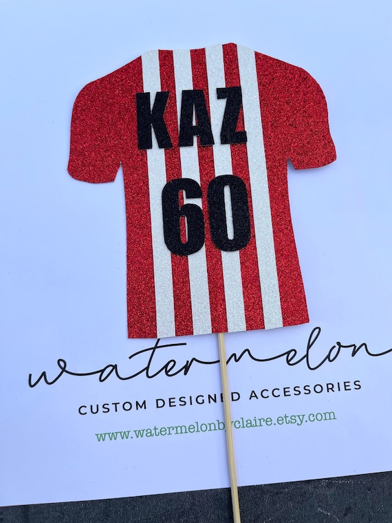 Striped Football Shirt Cake Topper - Personalised- Red and white-  ANY NAME / AGE - Birthday - Sunderland colours - Black text